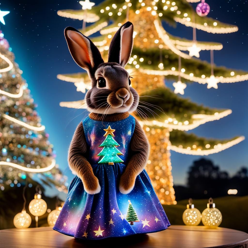 Cosmic Christmas Rabbit in Vibrant Iridescent Dress