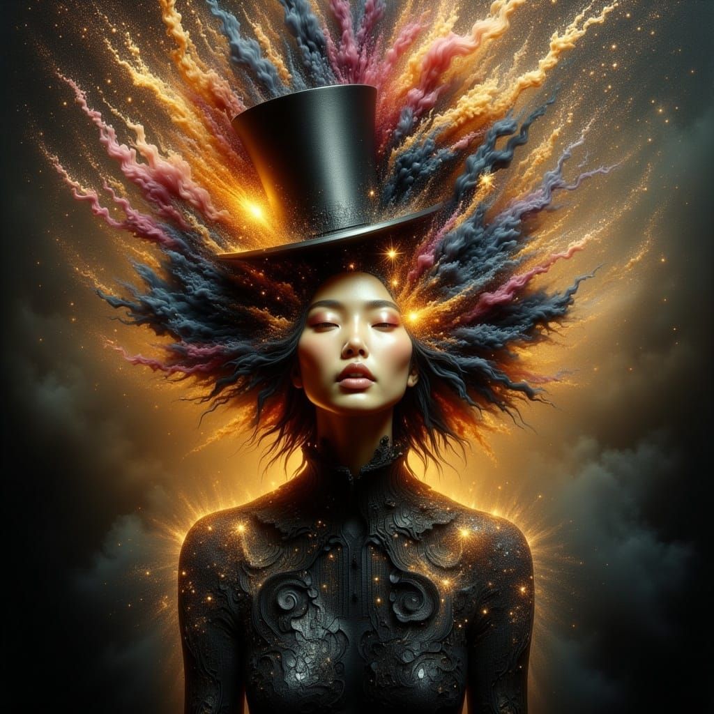 Elegant Woman Bursts from Vortex in Art Nouveau Style