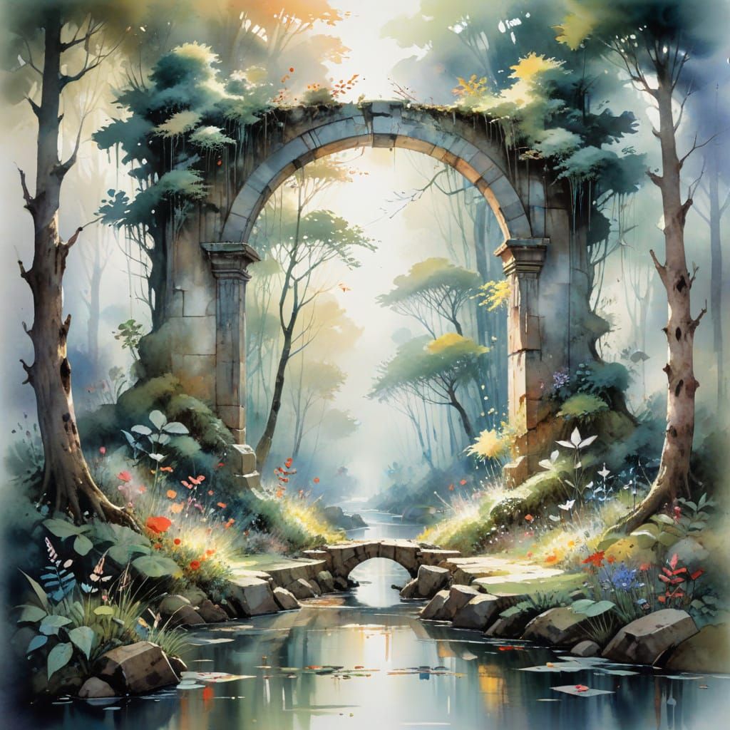 Mystic Portal in Enchanted Forest, Watercolour Style