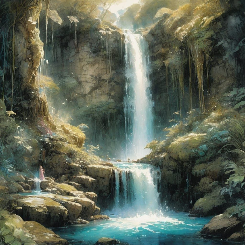 Ethereal Elven Waterfall in Vibrant Watercolor