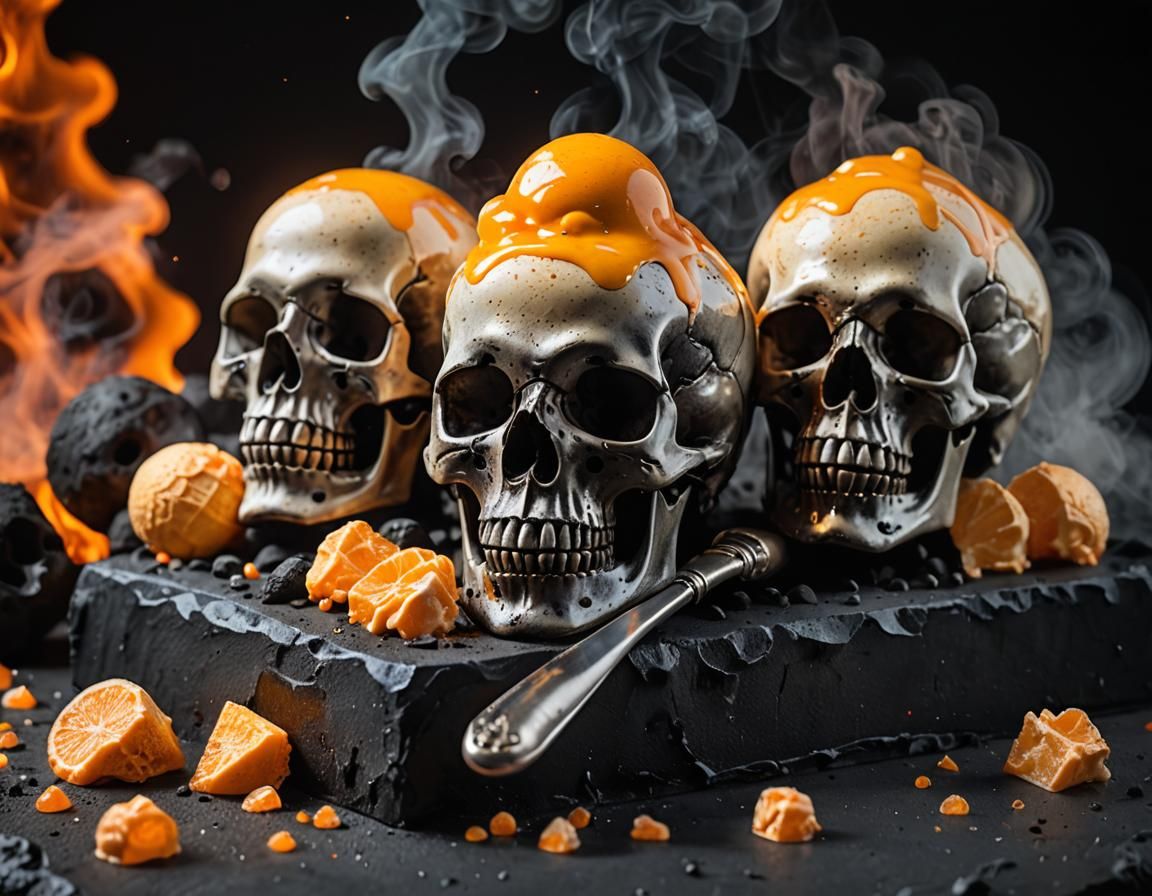 Iridescent Skulls with Orange Ice Cream, Professional Photog...