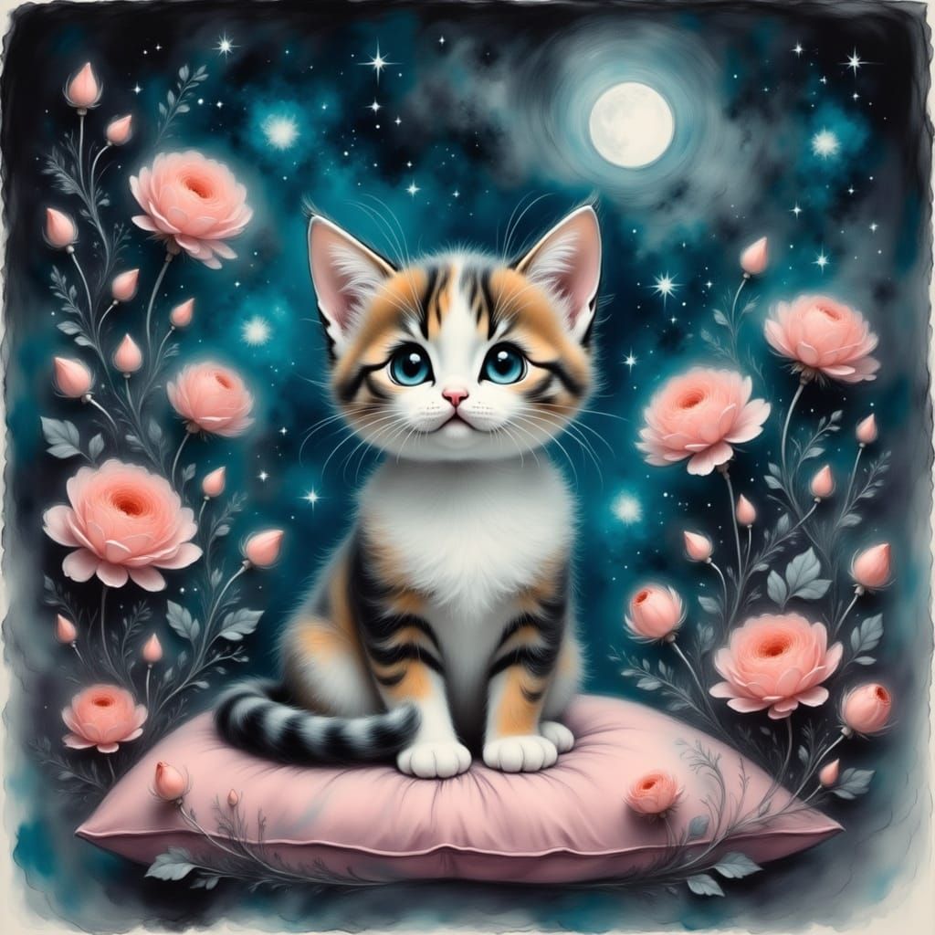 Whimsical Cat Surrounded by Blooming Flowers and Heart Light...