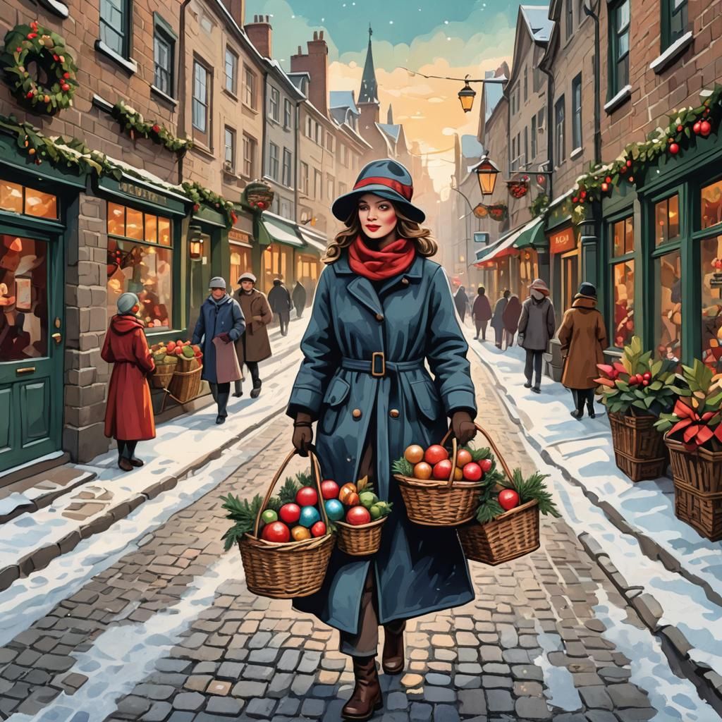 Whimsical Woman with Christmas Ornaments in Vintage Style