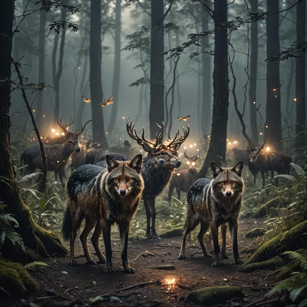 Hyperrealistic Animals Roam Misty Forest at Night