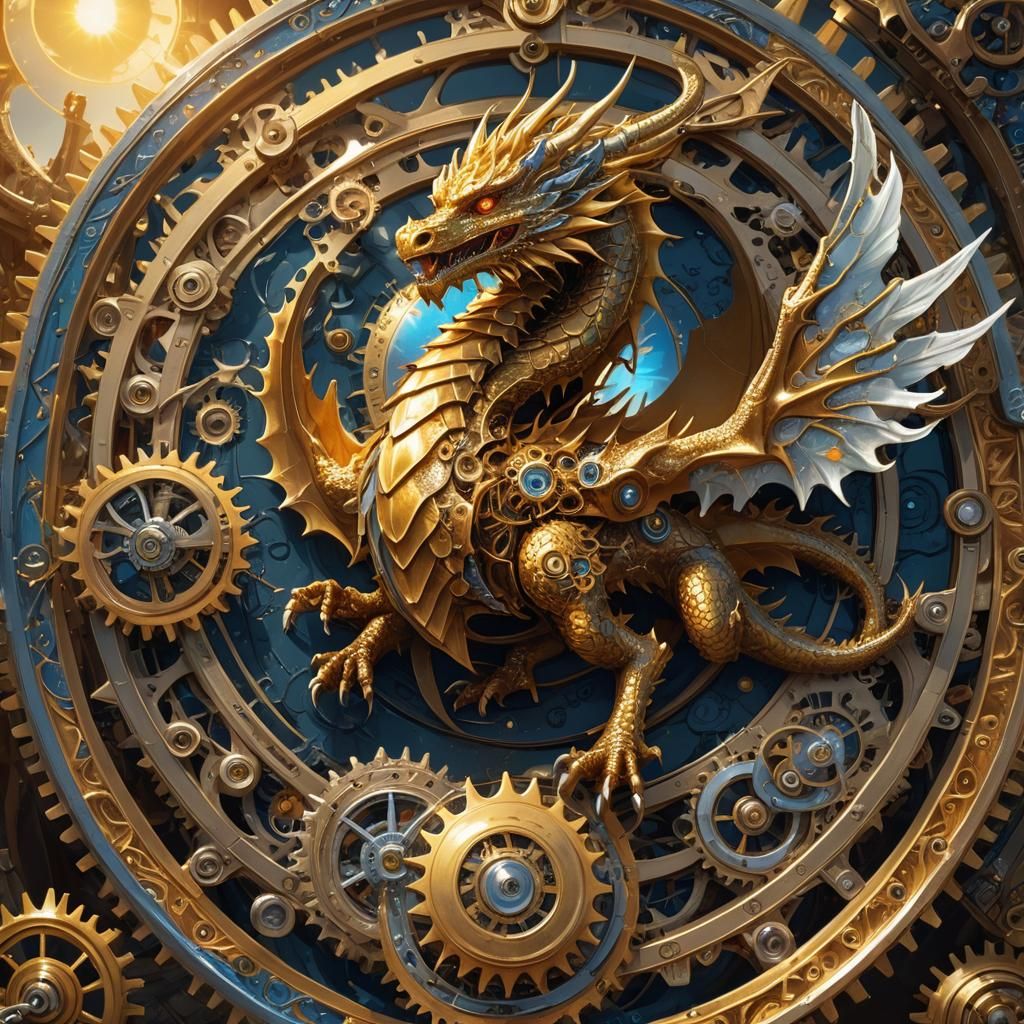 Golden Clockwork Dragon Encircling Sun, Digital Oil Painting