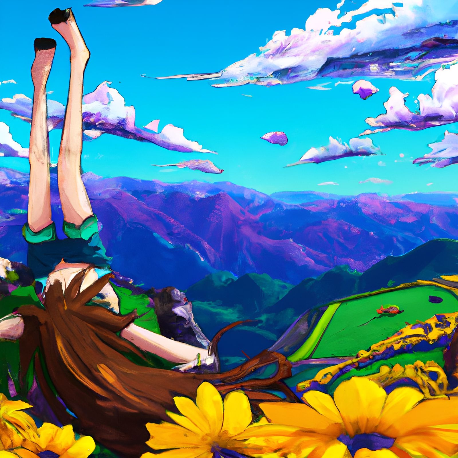 Anime Girl Relaxing on Cliff Edge in Sun