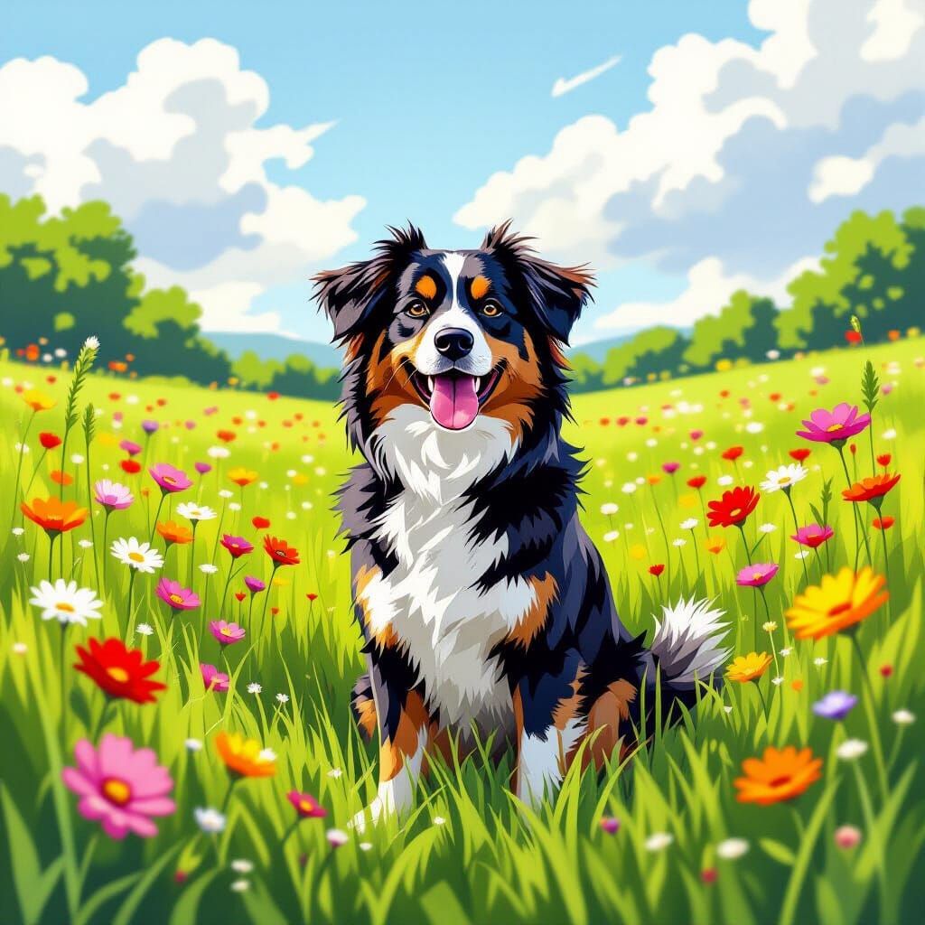 Dog in Meadow: Dreamy Digital Art Style
