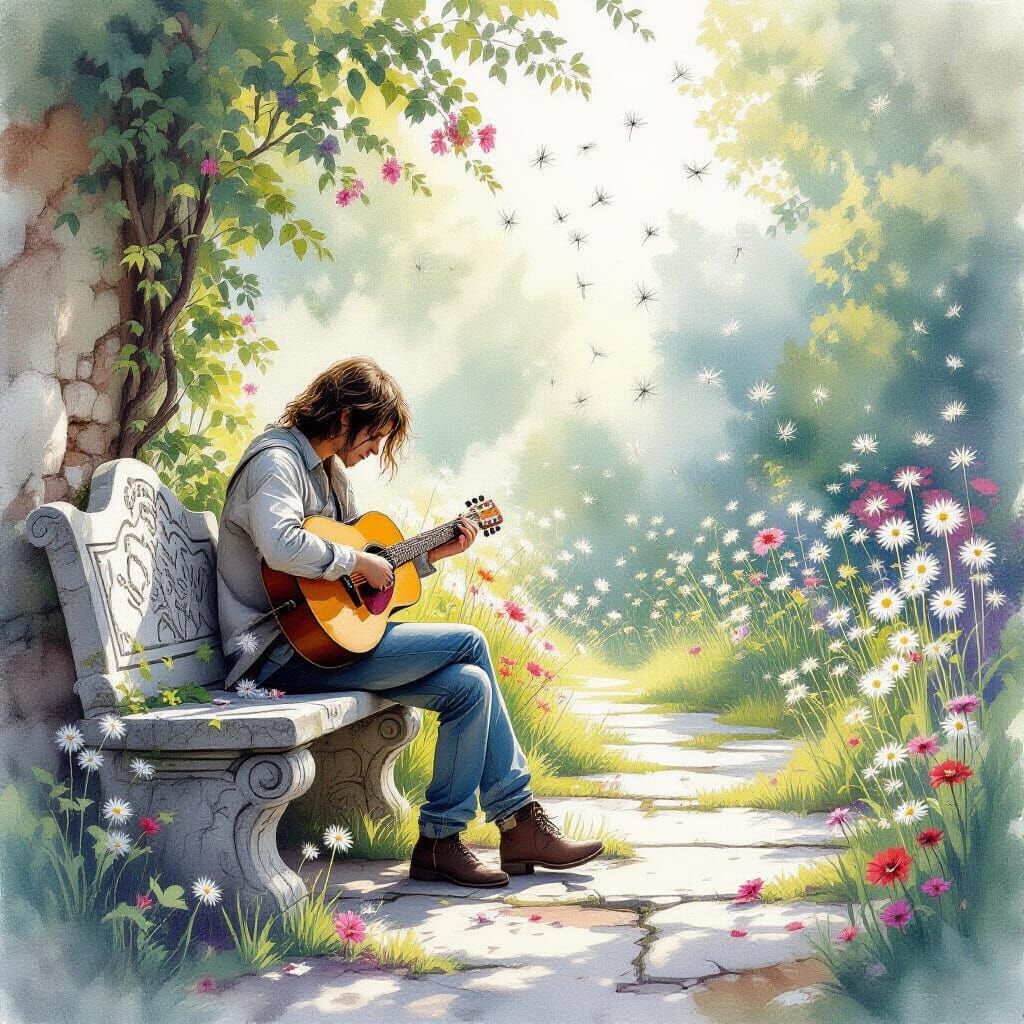 Musician's Solitude in a Forgotten Garden