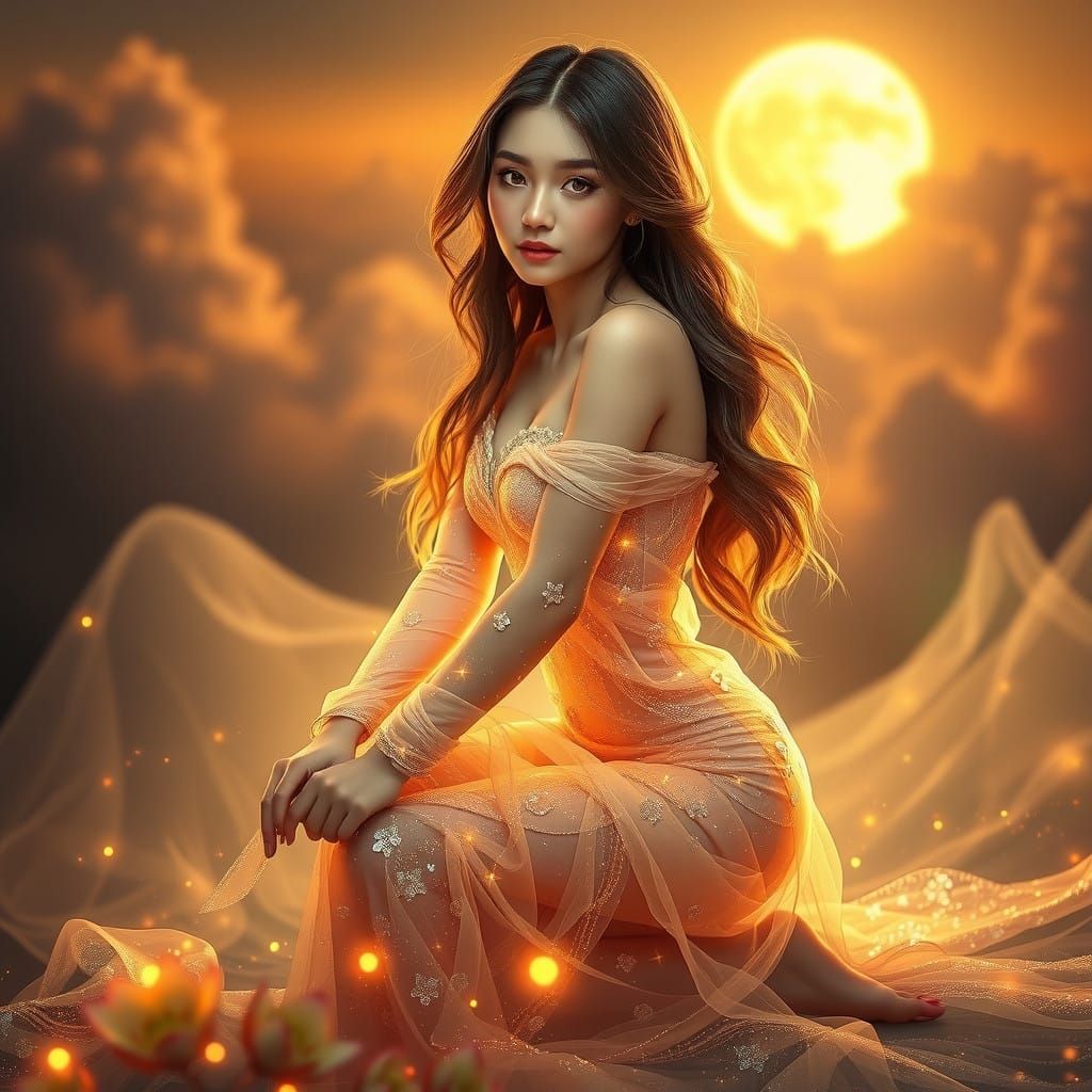 Ethereal Goddess in Golden Twilight Dreamscape