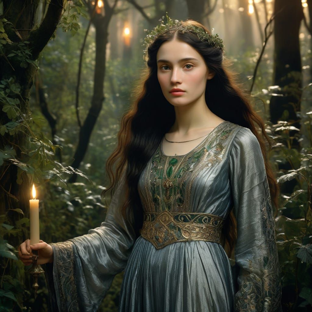Romantic Pre-Raphaelite Princess in Enchanted Forest