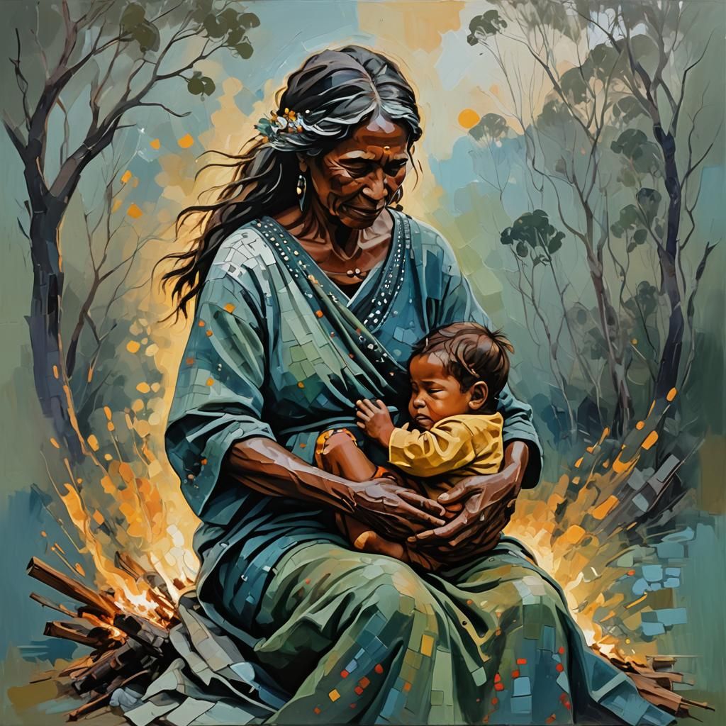 Aboriginal Mother and Child by Campfire in Post-Impressionis...