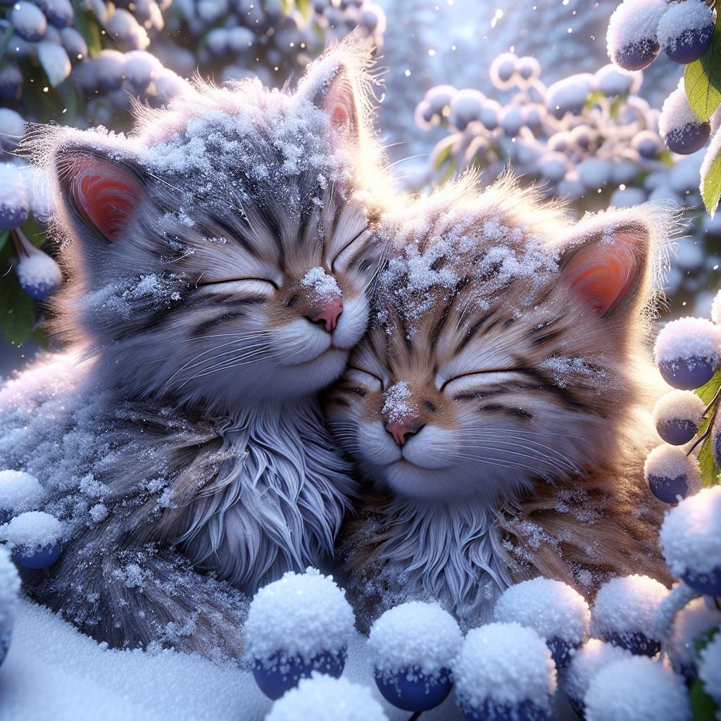 Kittens Snuggling in Snow, Detailed Matte Painting