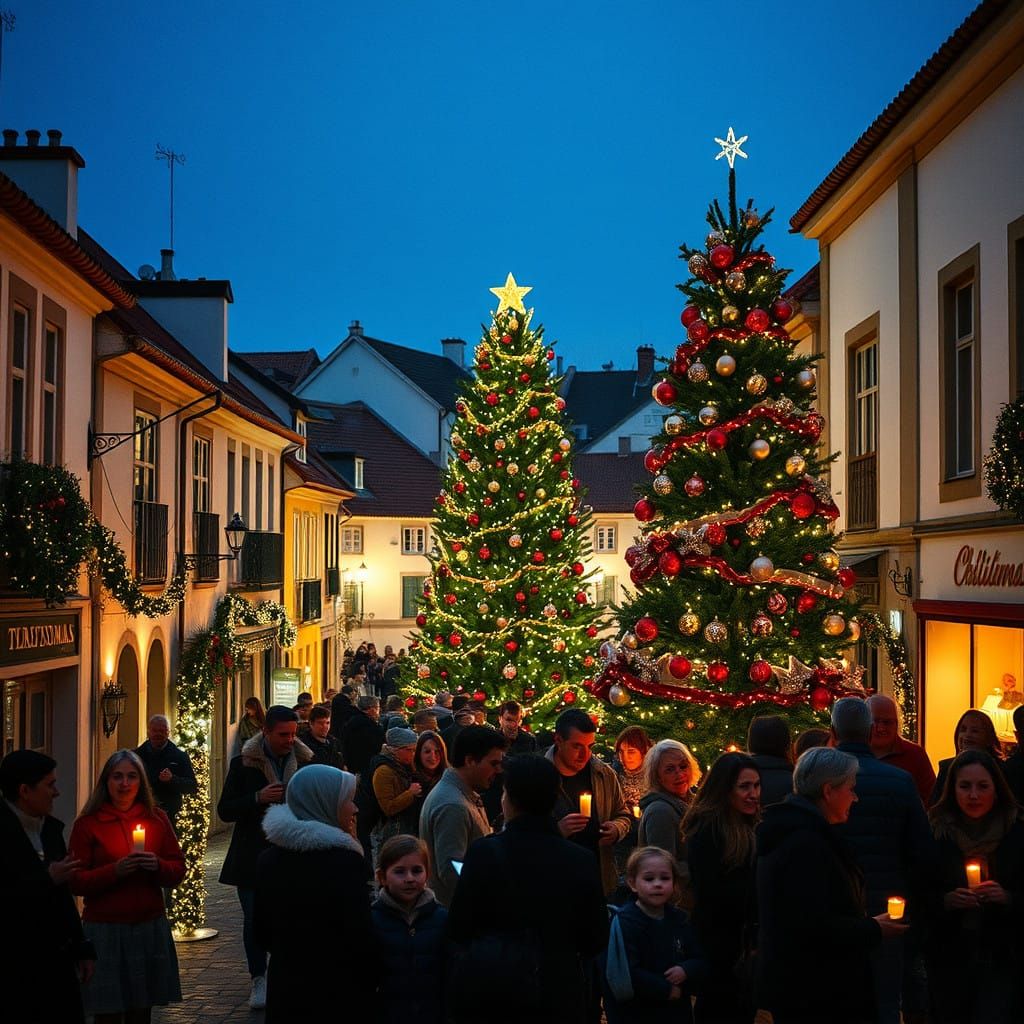 Idyllic Portuguese Christmas Eve Scene with Vibrant Twinklin...