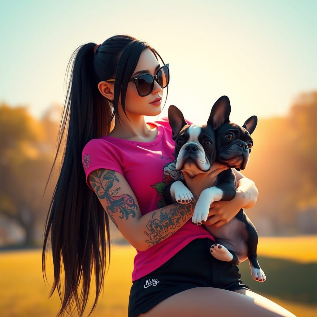 Edgy Female with Vibrant Tattoos and Loyal Staffordshire Bul...