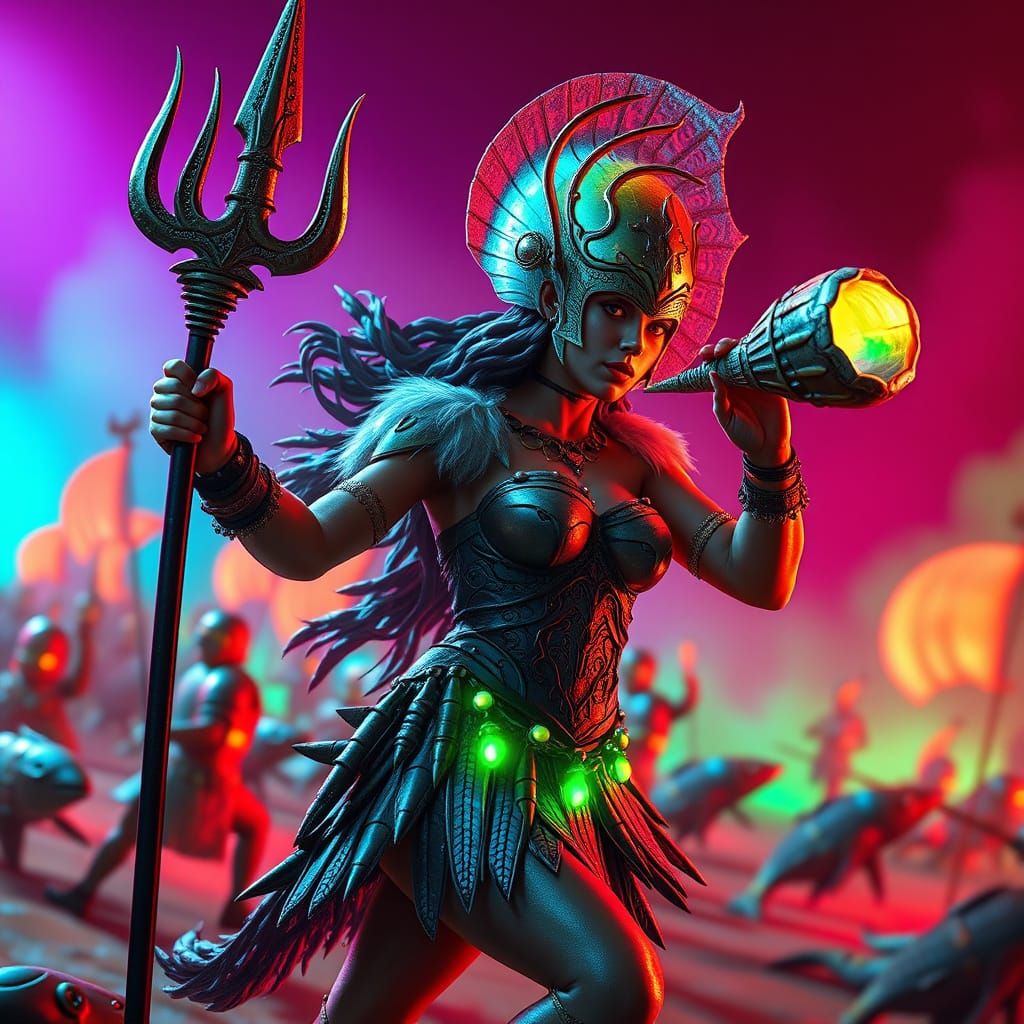 Magenta-Lit Amazon Warrior Leads Fish Men Against Roman Cent...