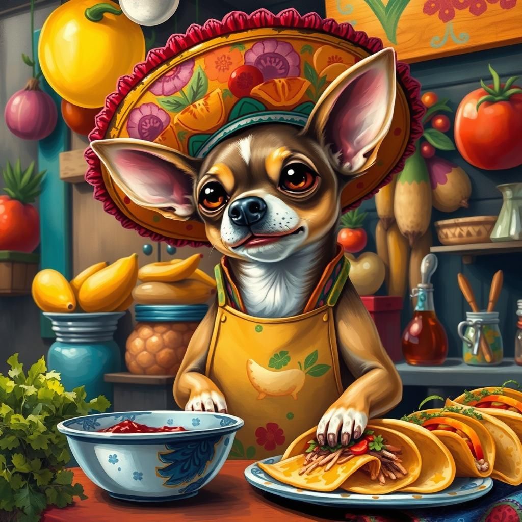 Chihuahua Chef Makes Tacos in Folk Art Style