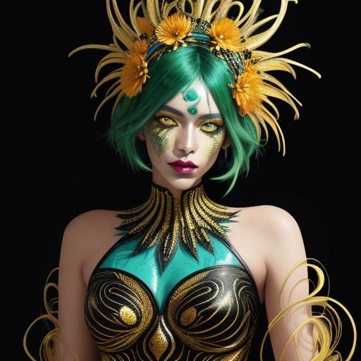 Golden Woman with Peacock Feathers in Abstract Expressionism