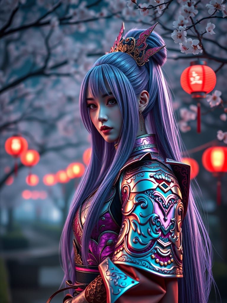Cyberpunk Geisha Warrior in Iridescent Samurai Armor