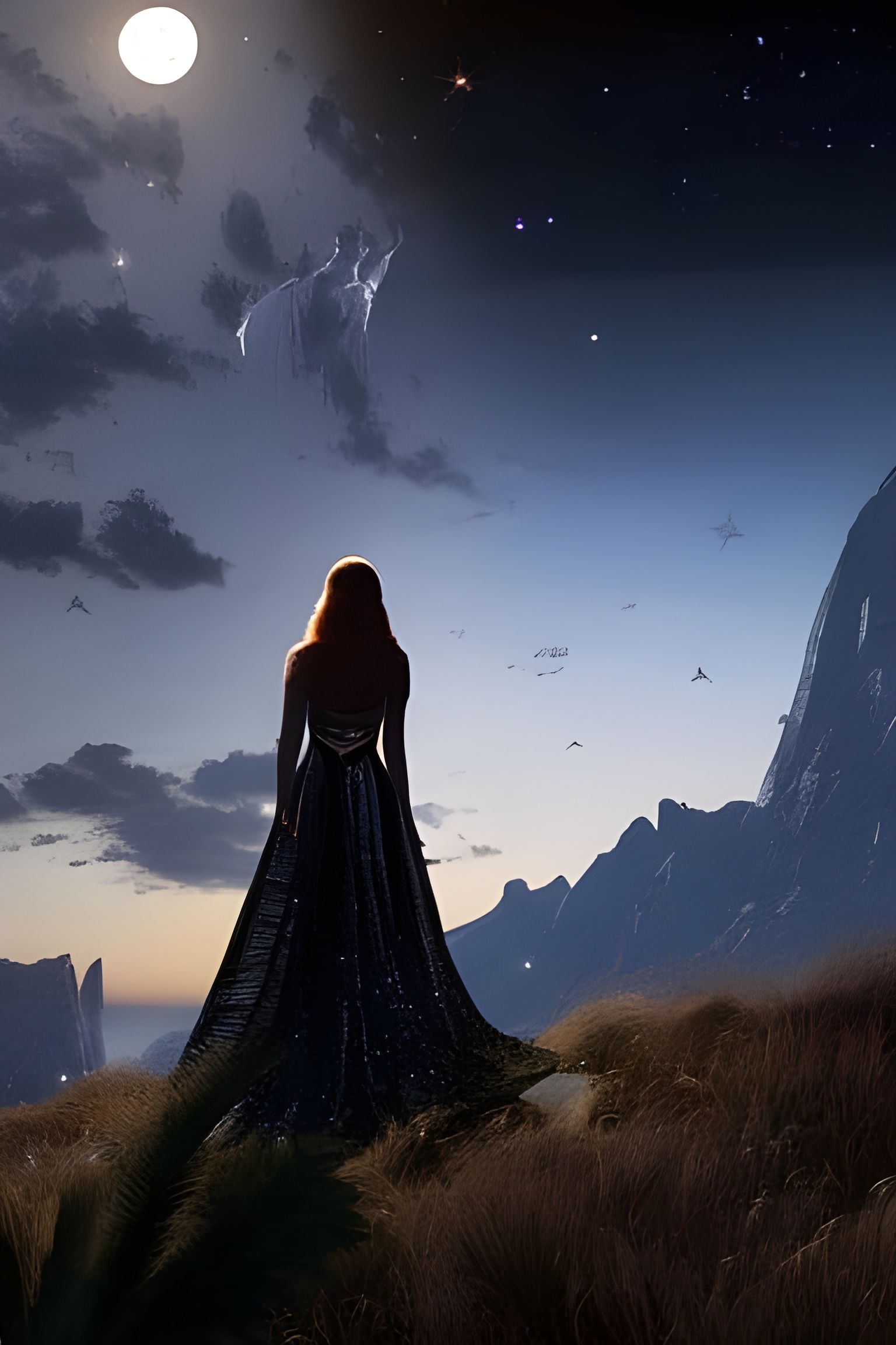 Witch Gazing at Moon with Star Trails