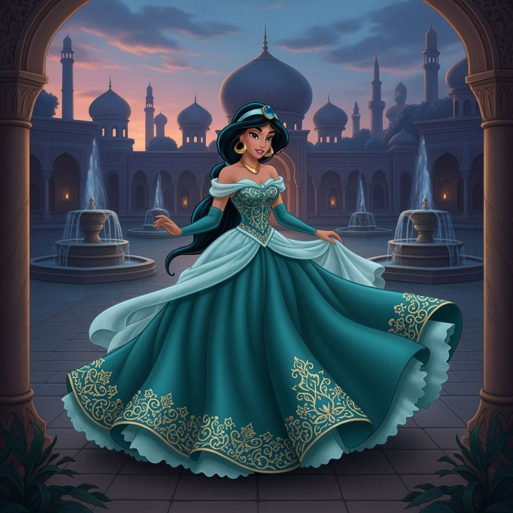 Princess Jasmine in Poofy Teal Ball Gown in Palace Courtyard