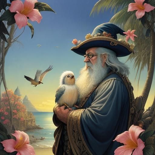 Wizard Babysitting Birds on Tropical Beach