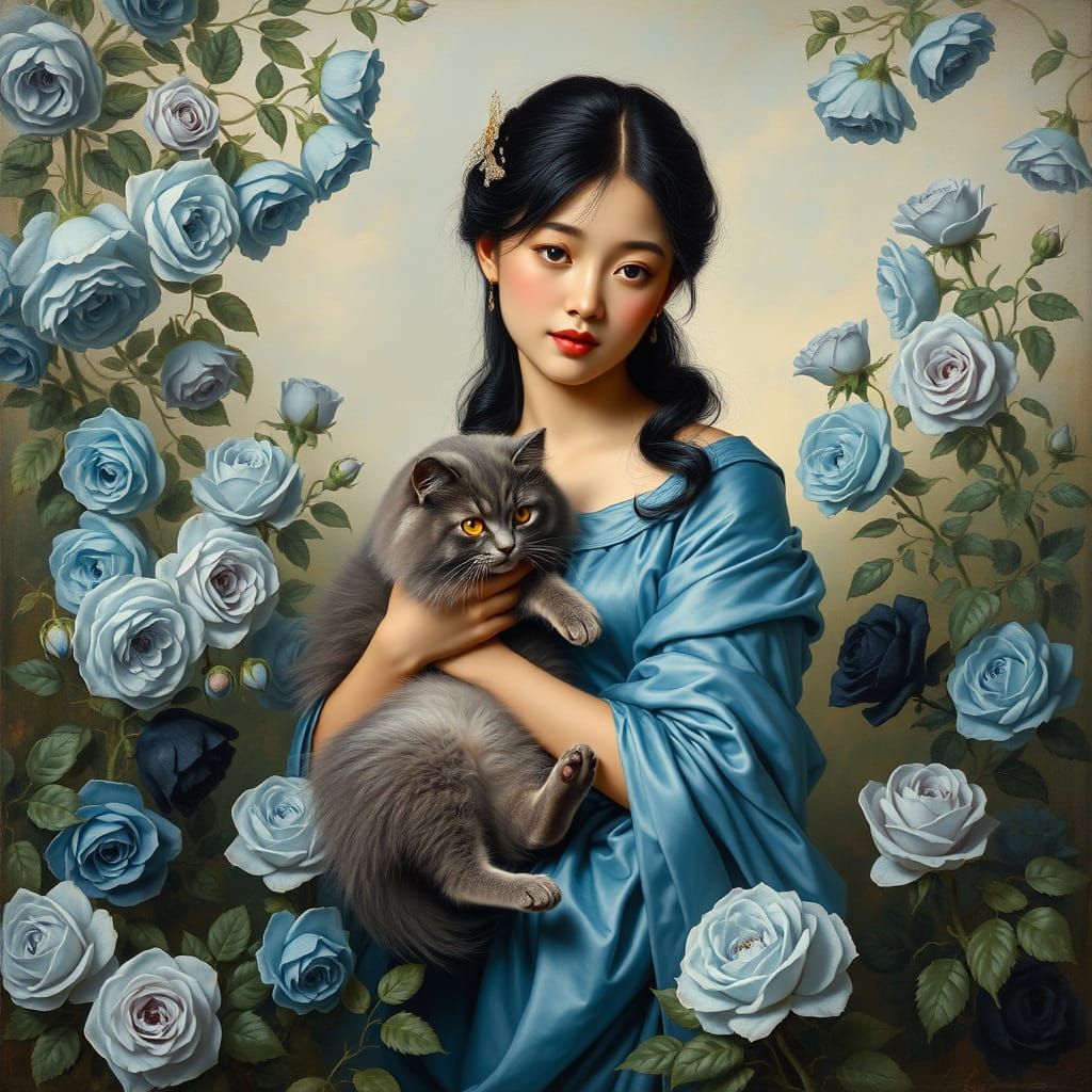 Rococo Painting of Woman Holding Cat Amid Blue Roses