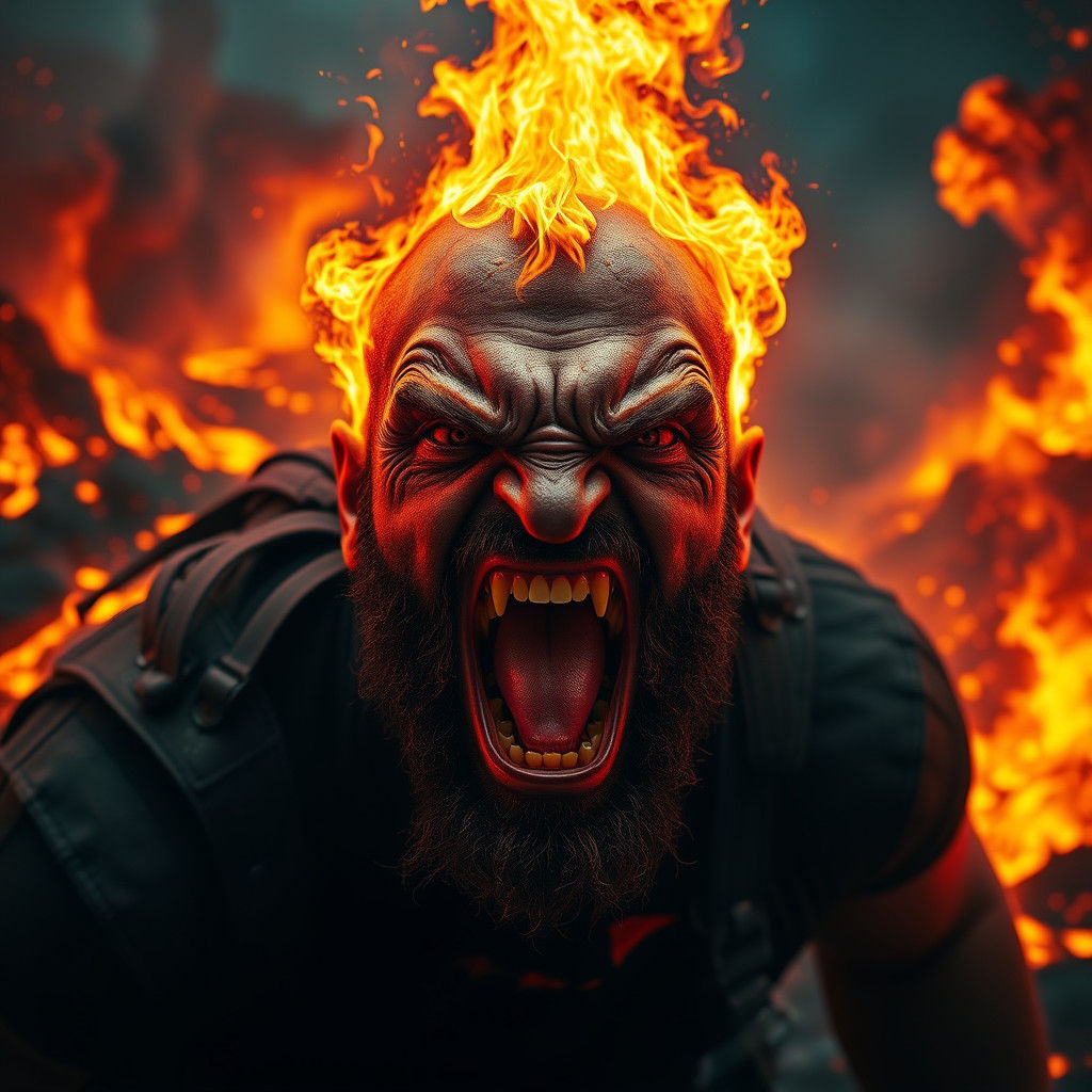 Enraged Man in Volcanic Landscape, Hyperrealistic Portrait