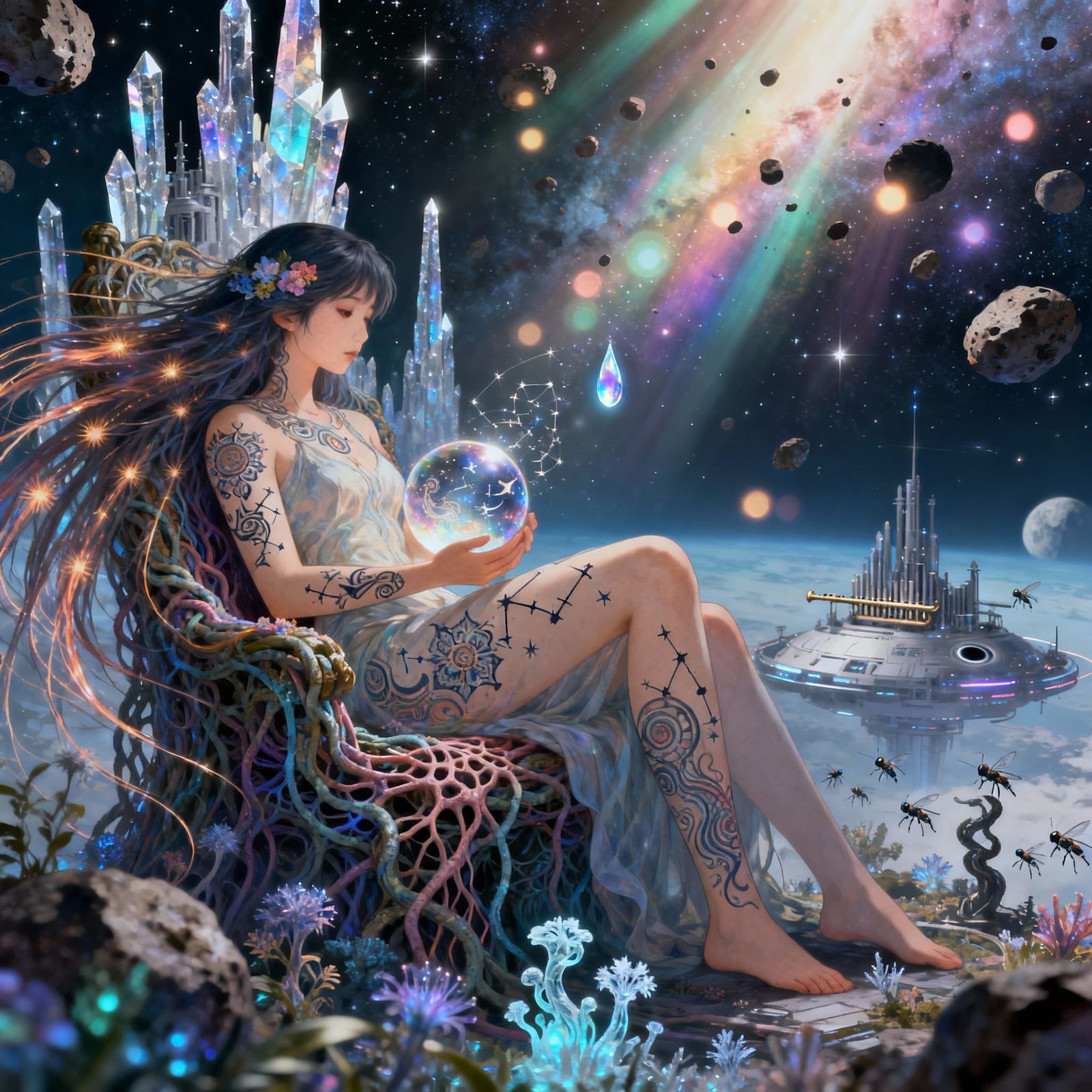 Woman in 23rd Century Orbital Habitat with Fractal Tattoos