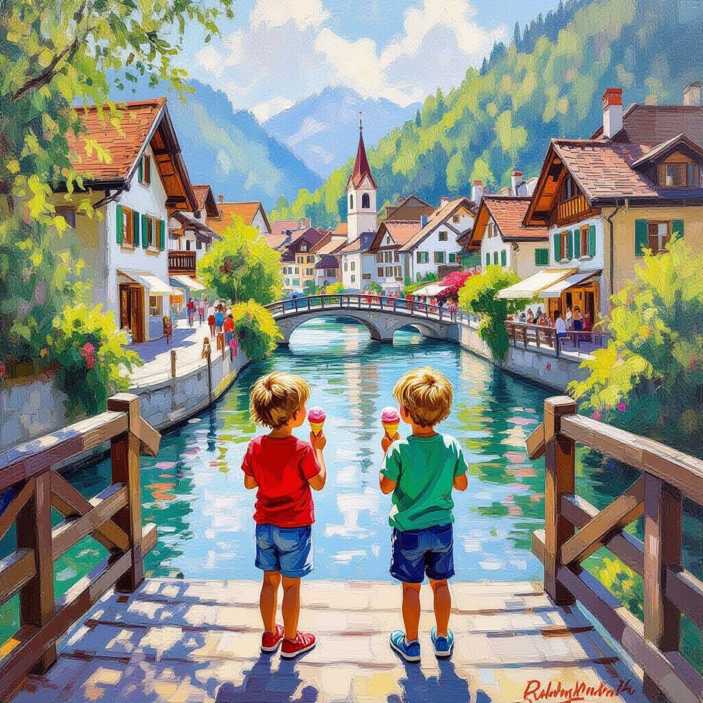 Children Enjoying Ice Cream in Swiss Village Oil Painting