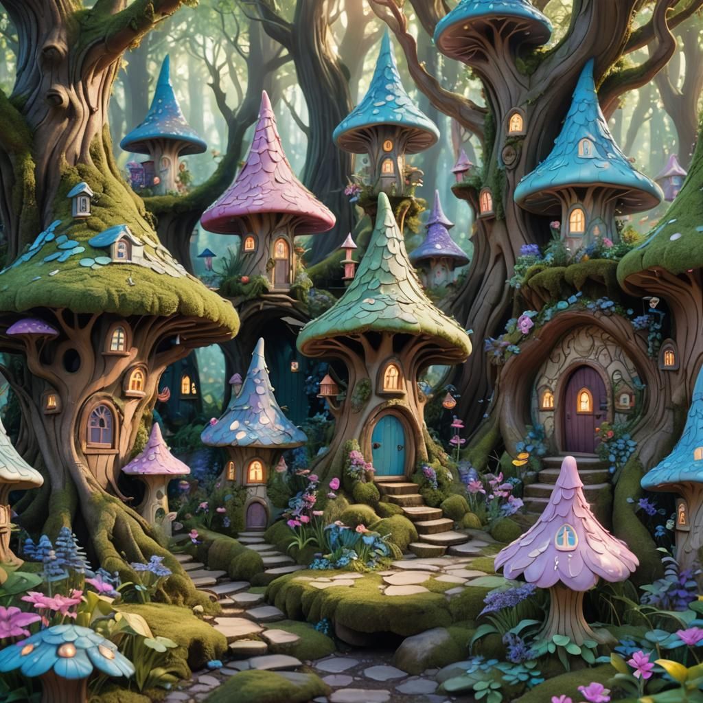 Enchanting Fairy Forest with Houses in Anime Style
