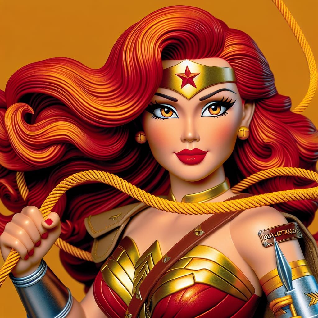 "A hyper-realistic SDXL image of Jessica Rabbit fusion with wonder woman striking a classic pin-up pose. She wears a mo...