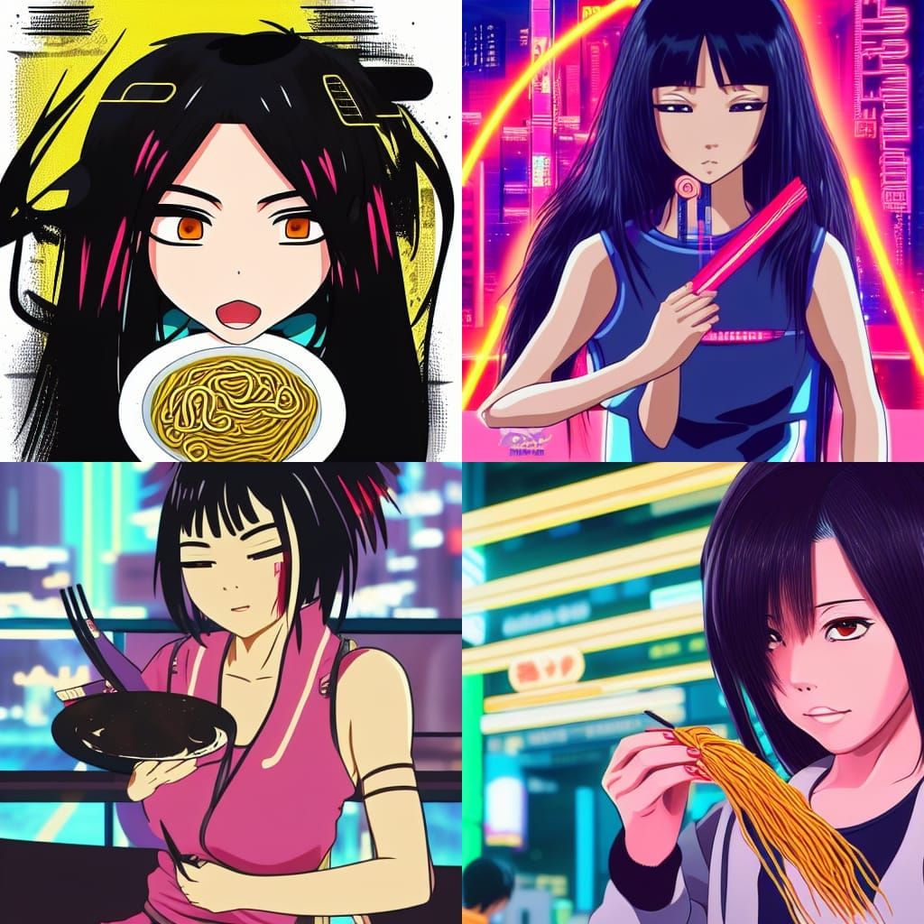 Anime Style Asian Girl Eating Noodles