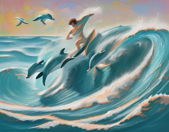 Dolphins Surfing: Neo-Impressionist Oil Painting
