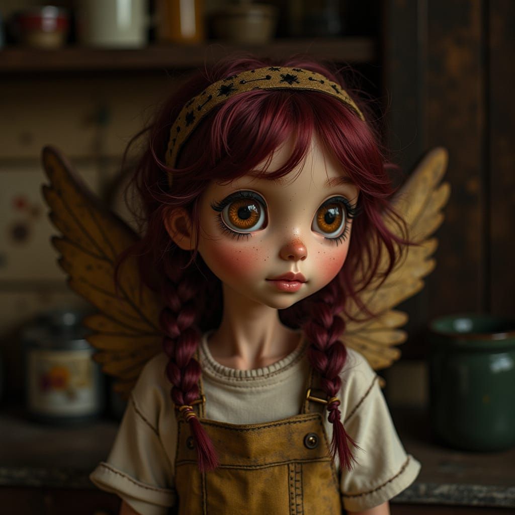 Kitchen Angel with Burgundy Hair in Art Brut Style