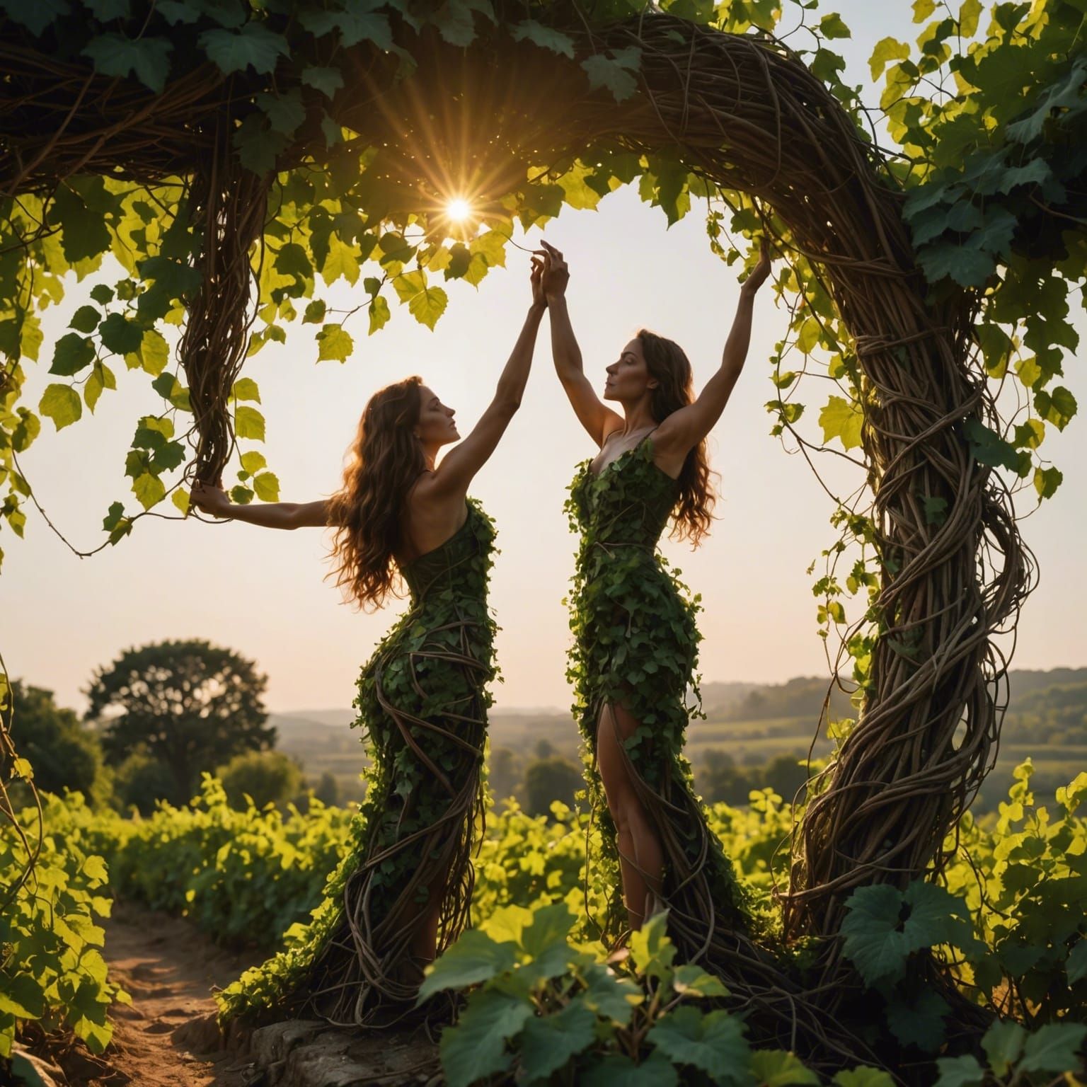 Vines Form Woman Reaching Sky at Golden Hour