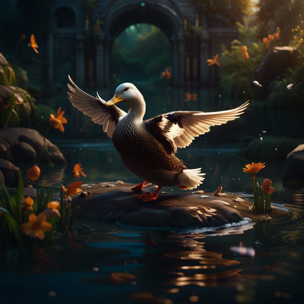 Duck Flapping Wings in Pond, Detailed Matte Painting