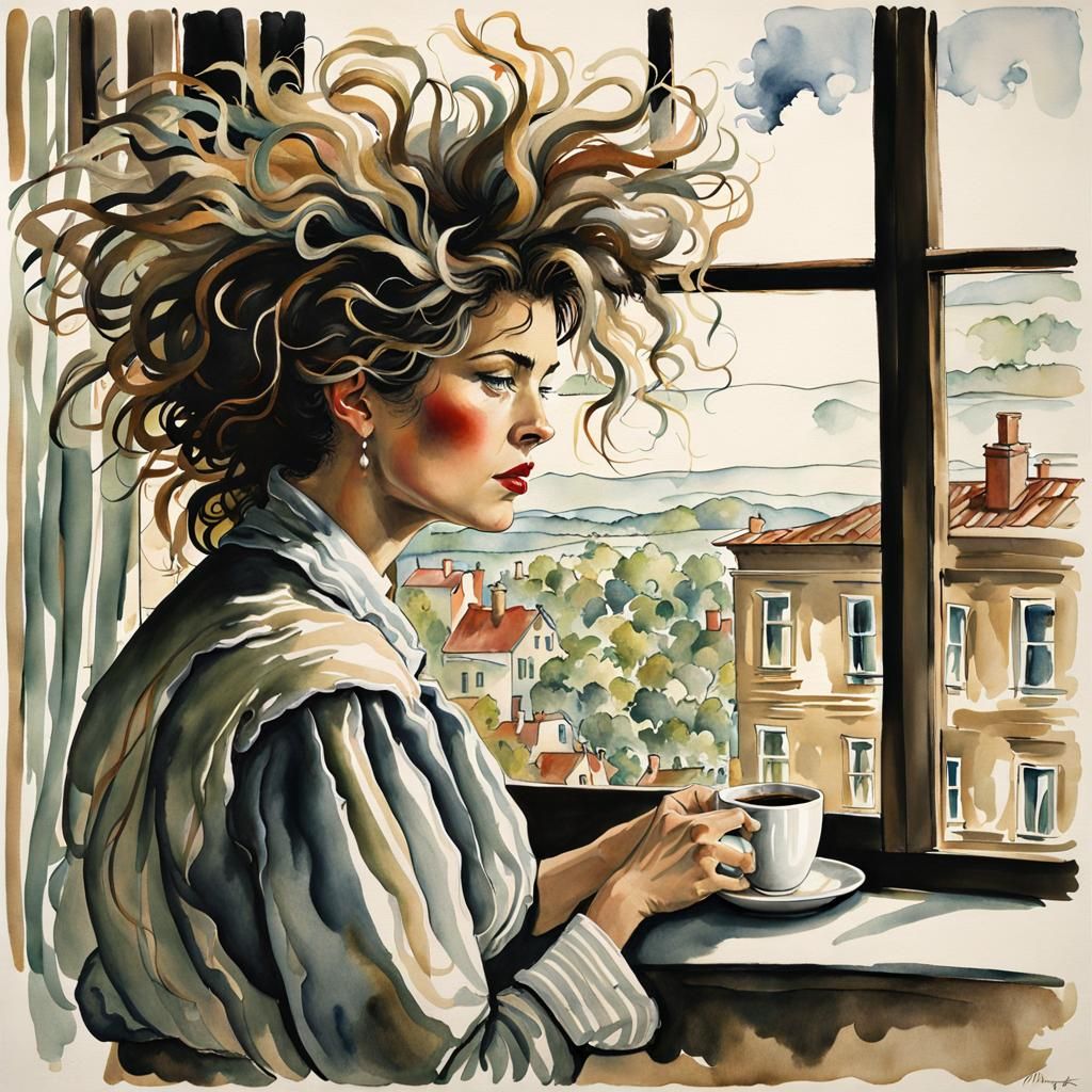 Watercolor of Tousled Woman with Coffee