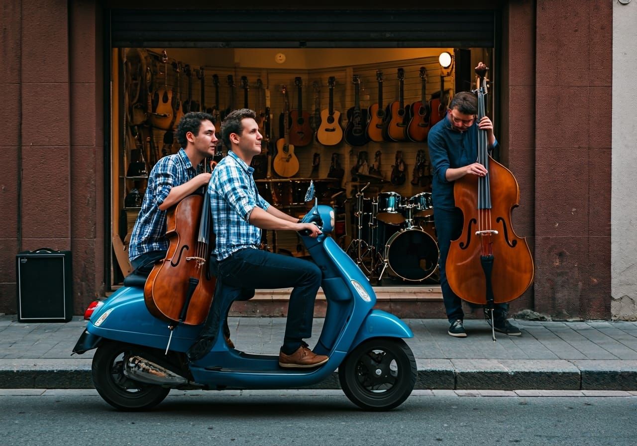 Musicians Ride Scooter with Cello and Bass