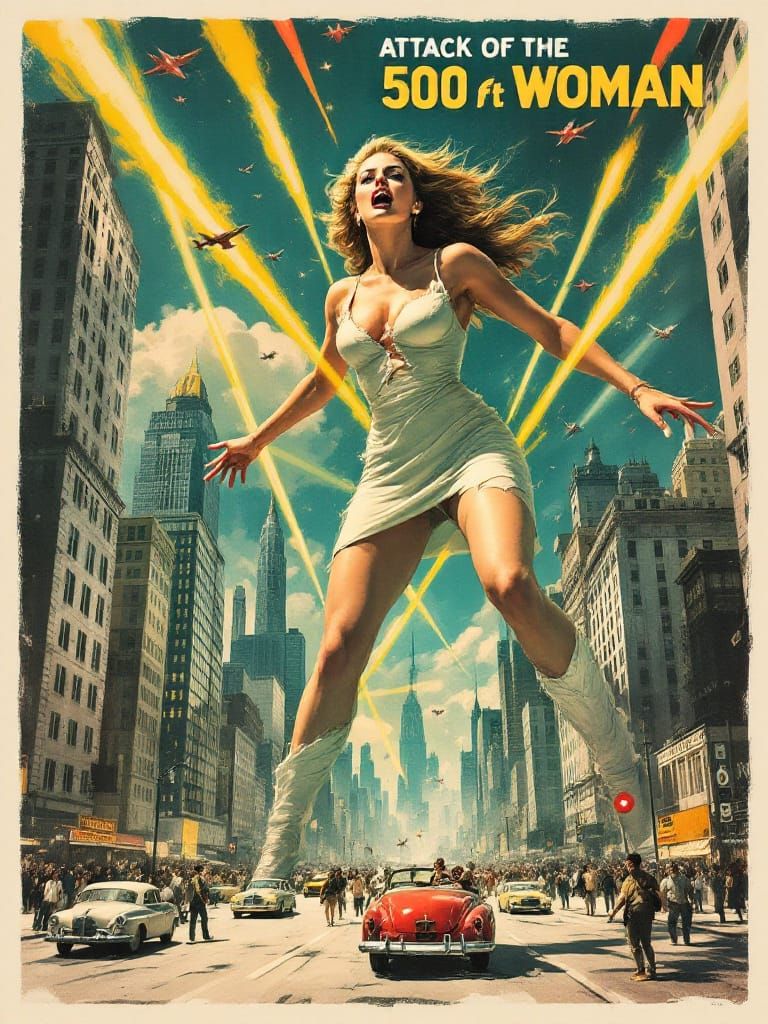 Giant Woman Attacks 1950s City in Vintage Pulp Style