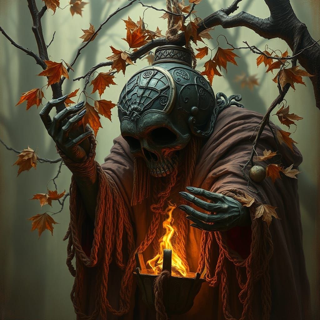 Gothic Autumn Ornament in Horror Engraving Style