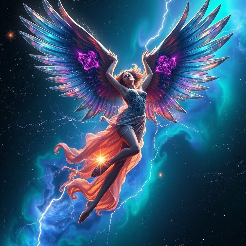Cosmic Winged Woman Soaring Through Space