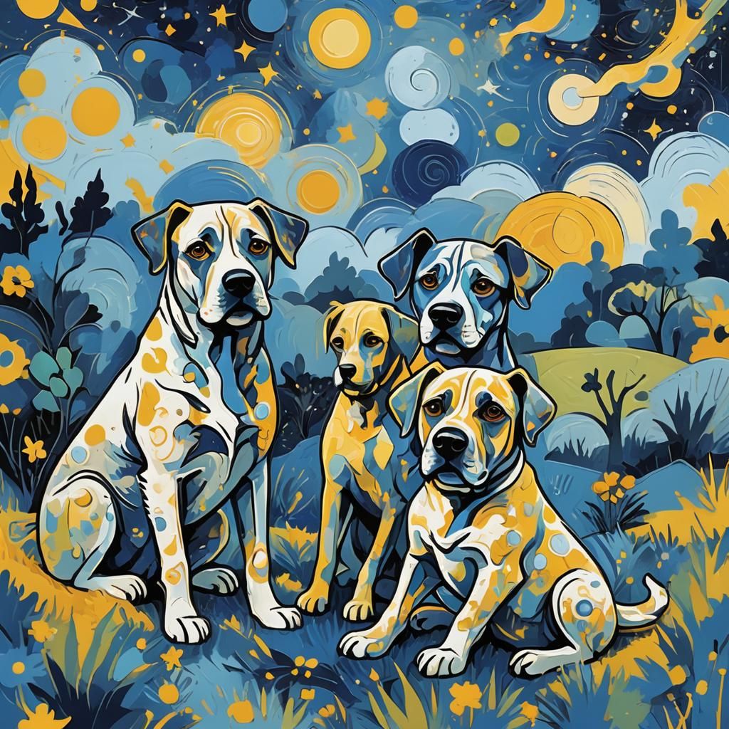 Whimsical Dogs in Cubist Abstract Expressionist Style