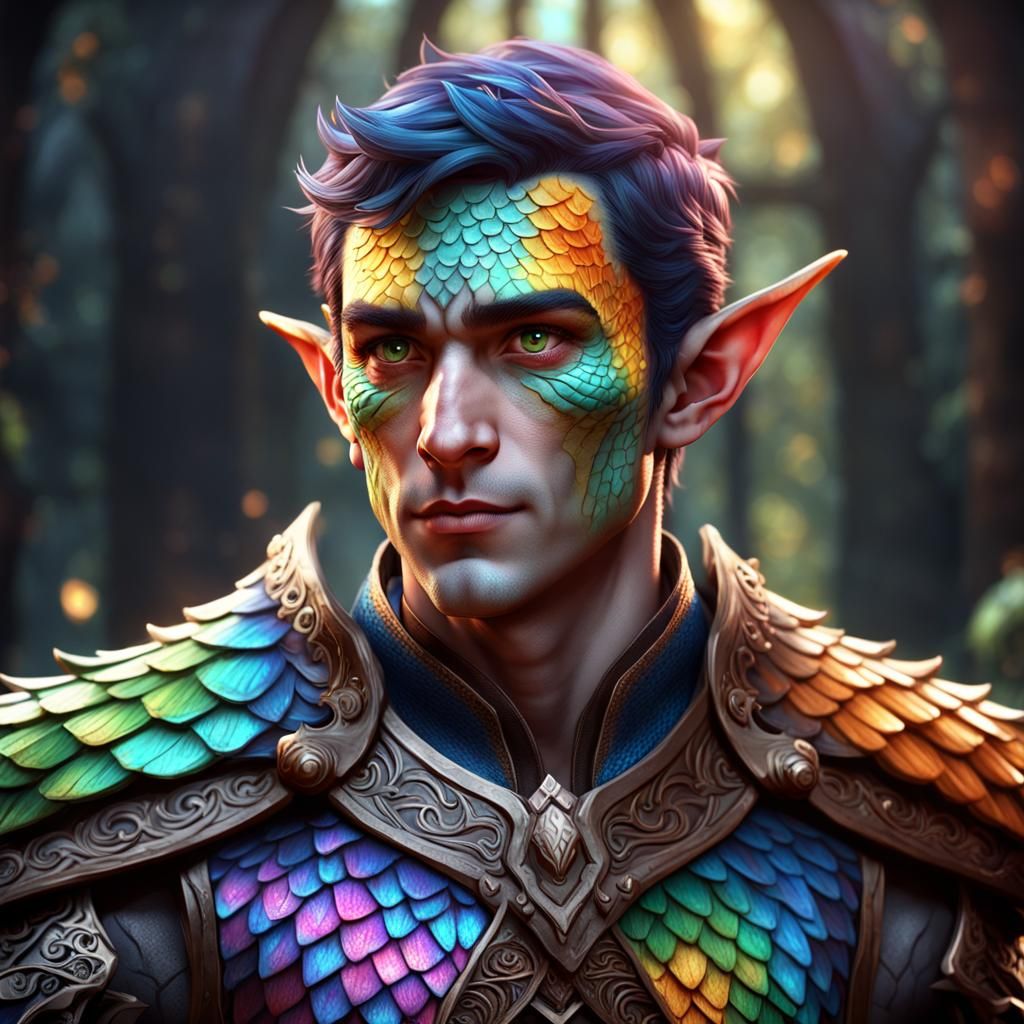 Draconic Elf with Colorful Scales in Fantasy Art