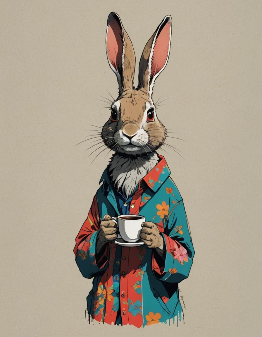 Humanoid Rabbit Having Coffee, Ghibli Style