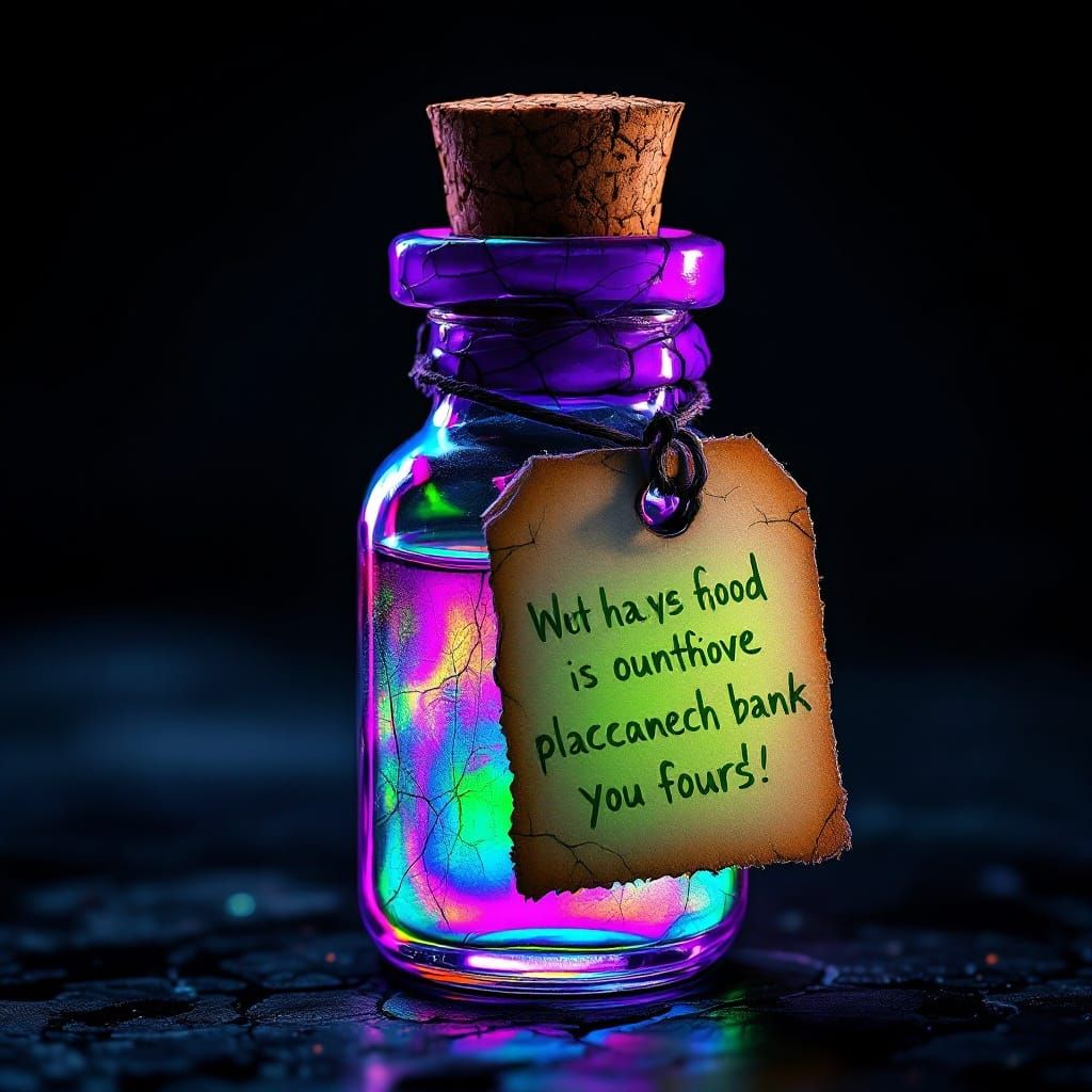 Iridescent Potion Vial with Glowing Liquid, in Neon Style