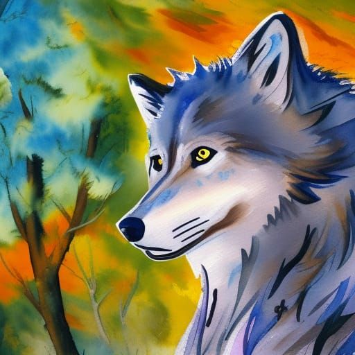 Wolf Girl in Gouache Style Impressionist Painting