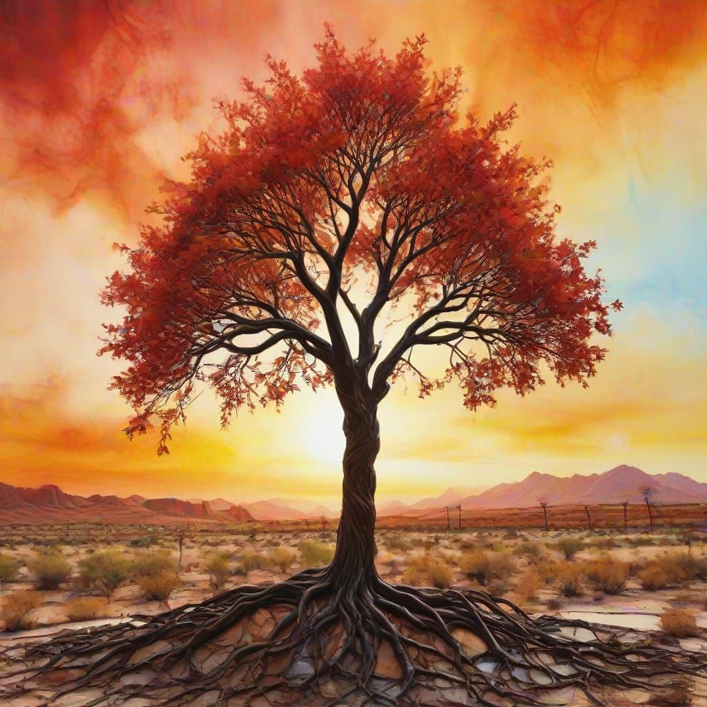 Vibrant Bottletree in Desert Sunset, Encaustic Mixed Media