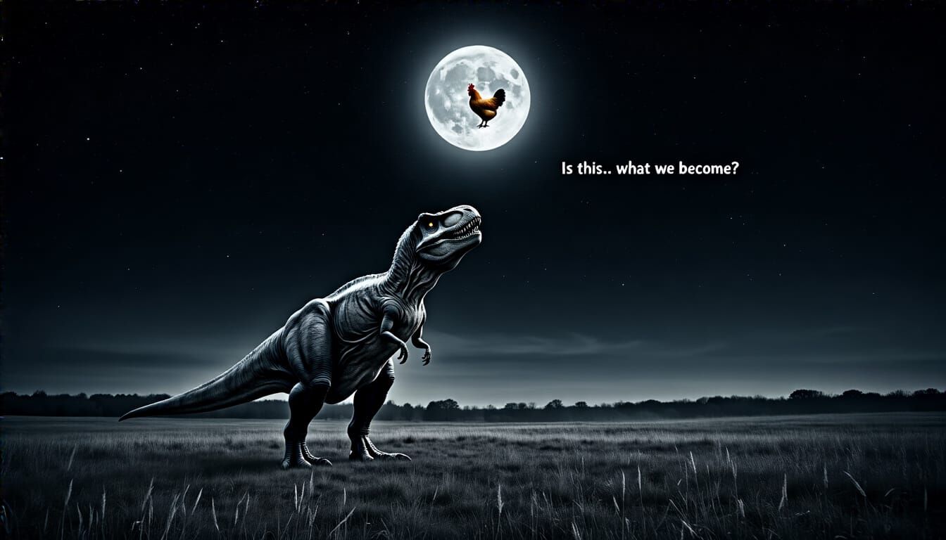 T-Rex Gazing at Chicken in Moonlight