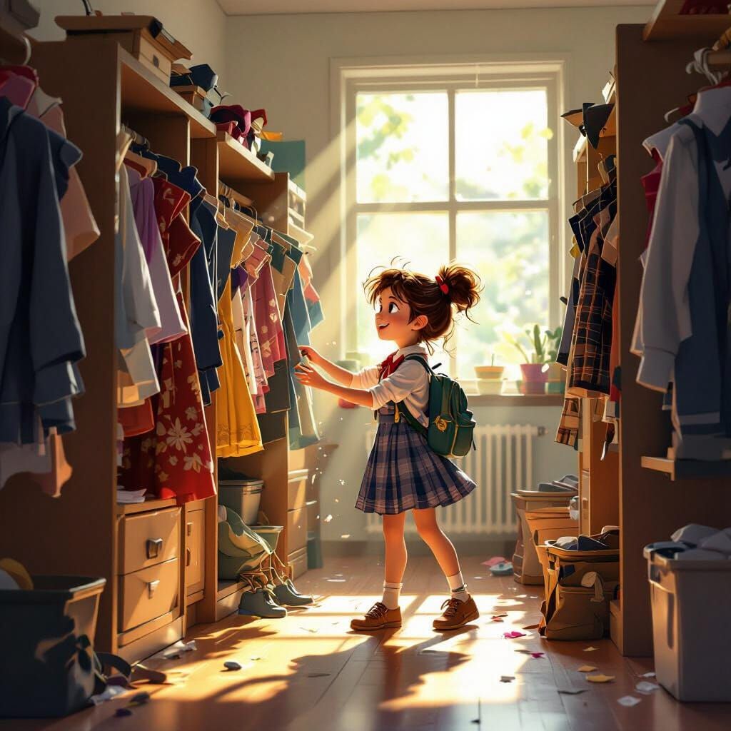Enthusiastic Girl Searches School Prop Closet for Play