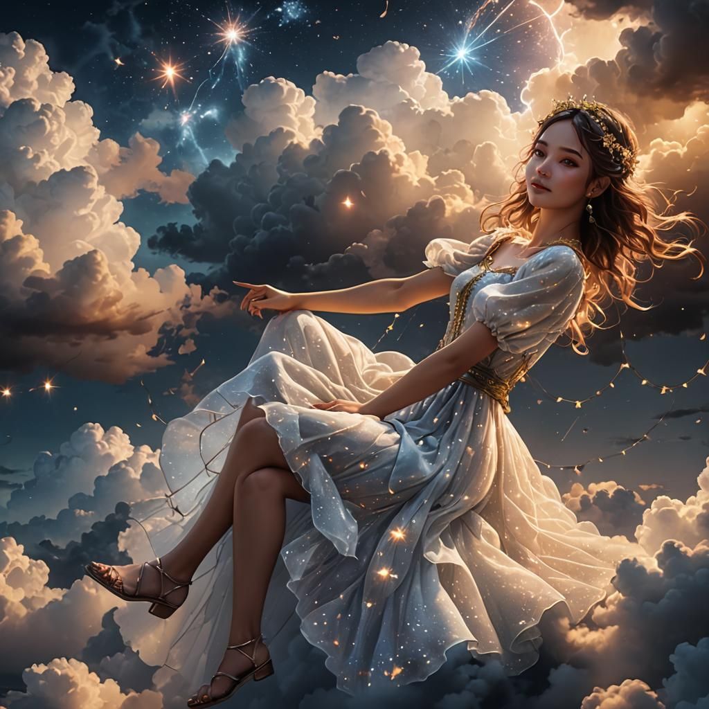 Girl on Cloud in Night Sky: Fantasy Concept Art